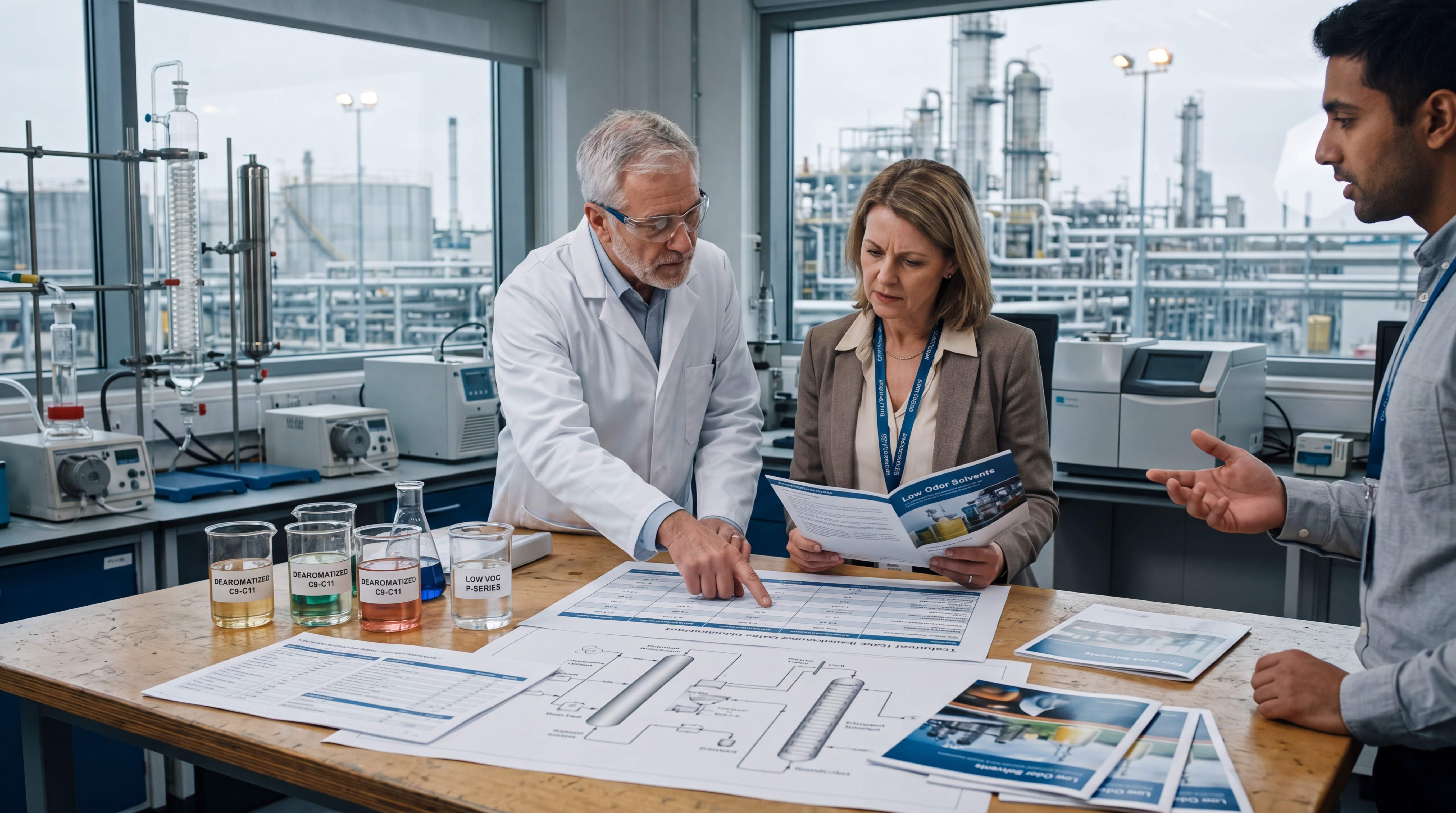 Technical team reviewing low-odor, dearomatized and low-VOC hydrocarbon solvent options during an industrial solvent selection meeting